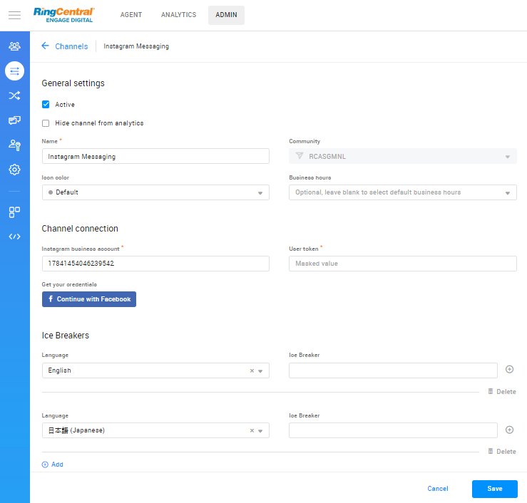Instagram Messaging Channel Connection Settings RingCentral Engage Digital
