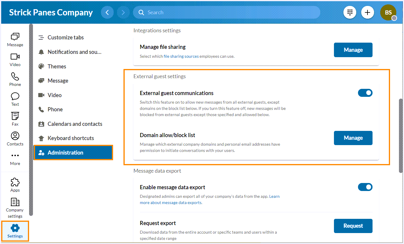 Configuring external guest settings in the RingCentral app desktop and