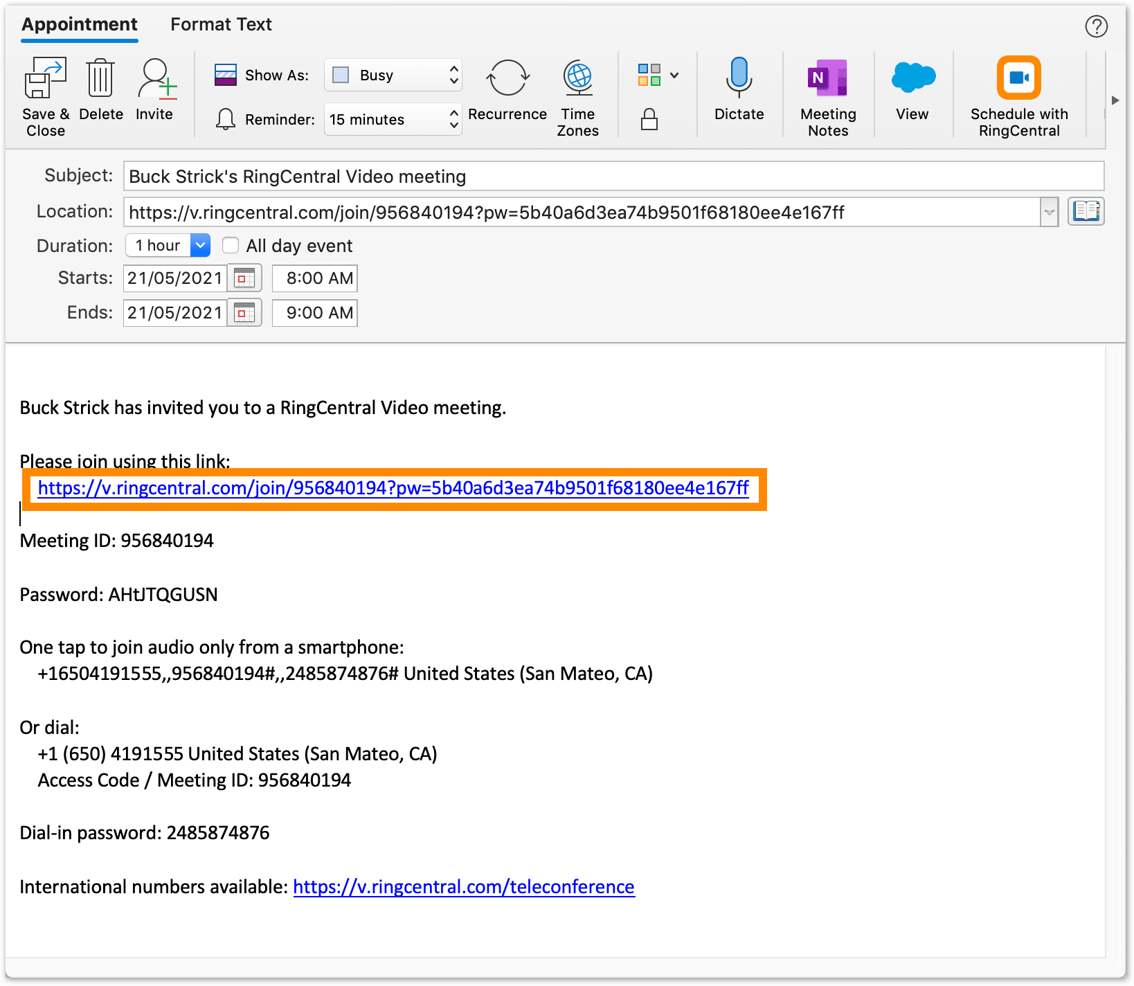 Joining A RingCentral Video Meeting Via Calendar Invite