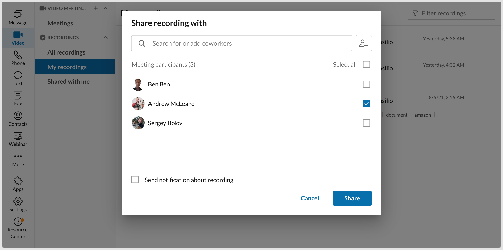 Sharing a RingCentral Video meeting recording for desktop and web RingCentral Video