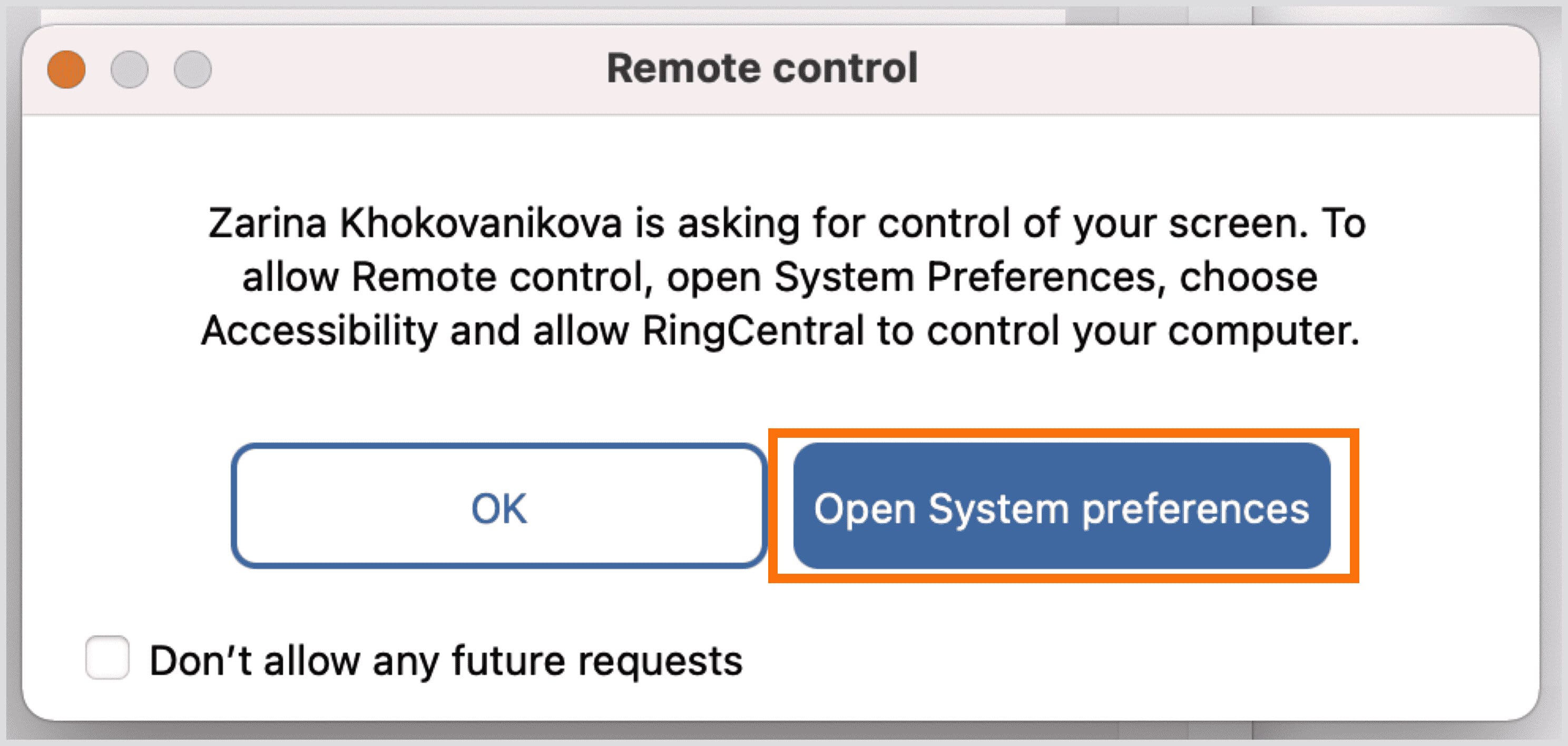 Requesting and approving remote desktop control RingCentral Video