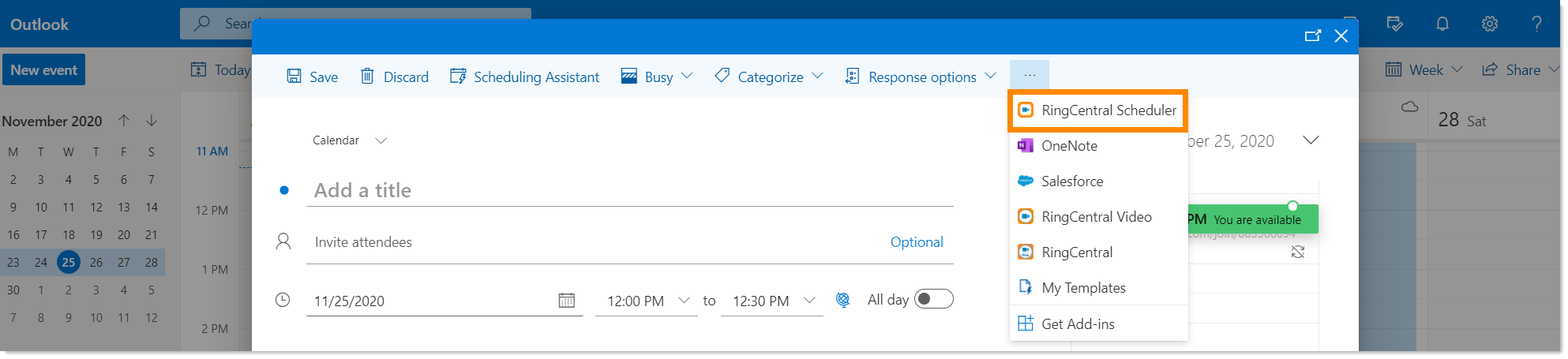 RingCentral Scheduler en el nuevo Outlook