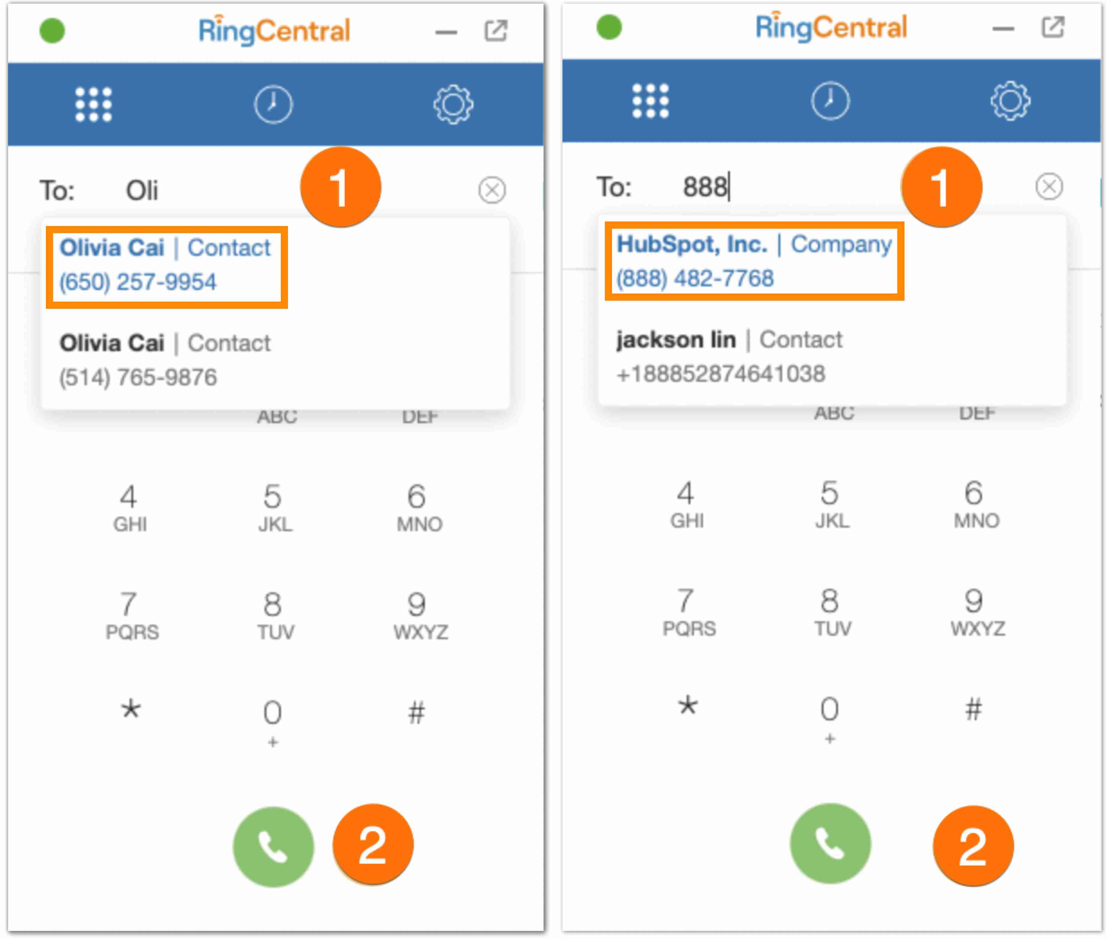 Making a call in the RingCentral for Hubspot RingCentral MVP