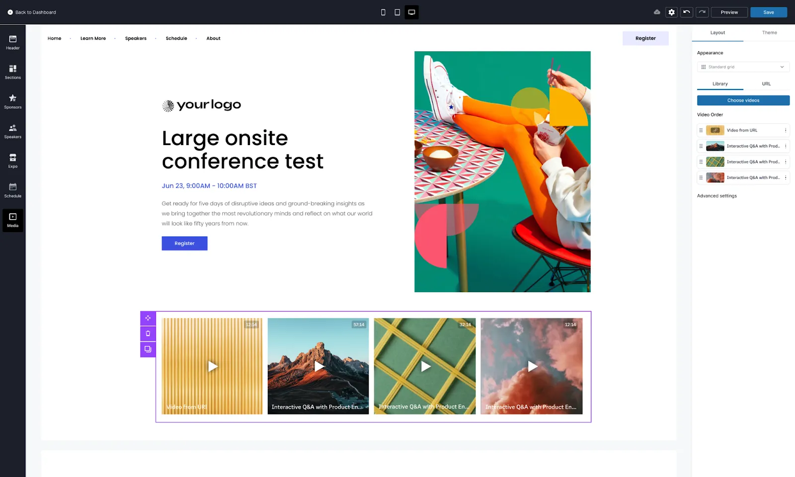Host past event recordings on advanced landing pages