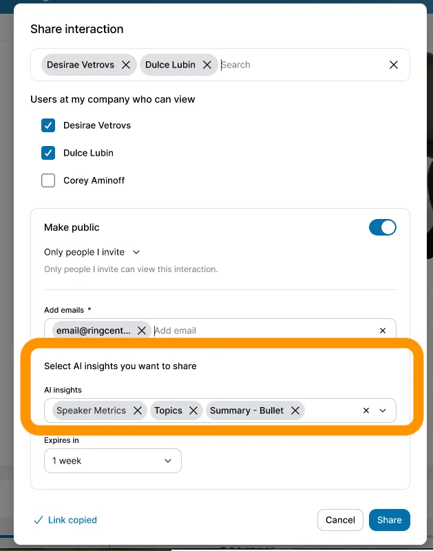 Allow User to Select Insights for External Sharing