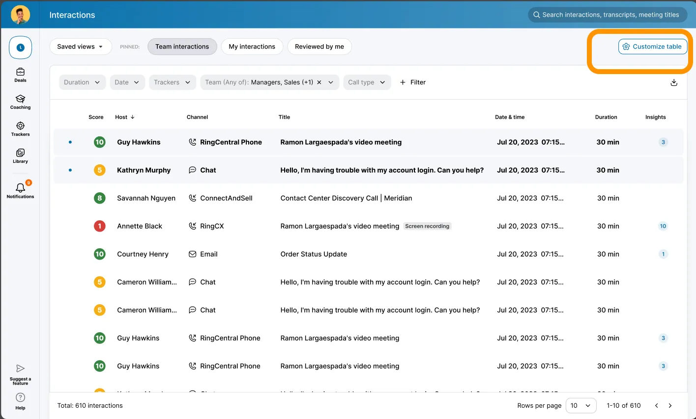 Customizable Columns in Interactions List